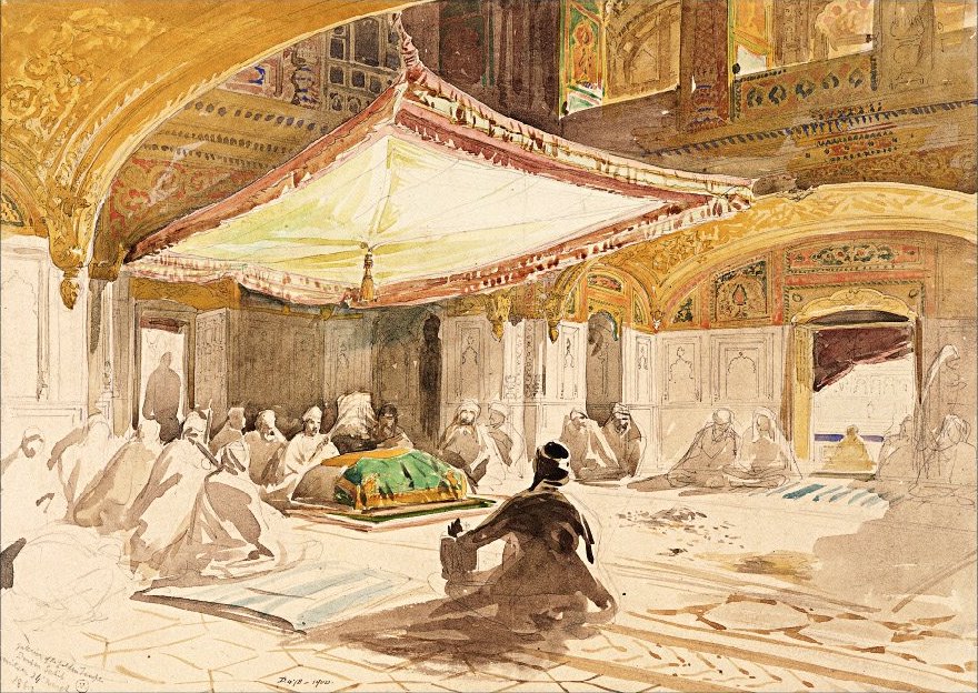 Golden Temple Interior | The India A watercolor sketch shows the richly decorated interior of Harmandir Sahib in Amritsar with people praying during Baisakhi.